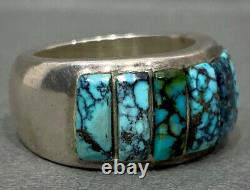 Vintage Navajo Sterling Silver Spiderweb Turquoise Inlay Ring HEAVY 21 Grams