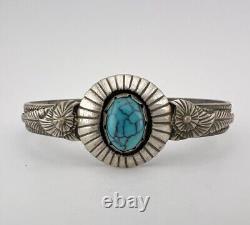 Vintage Navajo Sterling Silver Spiderweb Turquoise Stamped Cuff Bracelet