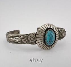 Vintage Navajo Sterling Silver Spiderweb Turquoise Stamped Cuff Bracelet