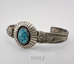 Vintage Navajo Sterling Silver Spiderweb Turquoise Stamped Cuff Bracelet