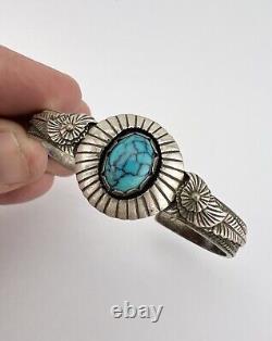 Vintage Navajo Sterling Silver Spiderweb Turquoise Stamped Cuff Bracelet