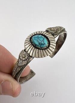 Vintage Navajo Sterling Silver Spiderweb Turquoise Stamped Cuff Bracelet