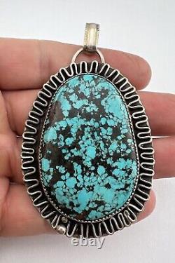 Vintage Navajo Sterling Silver Spiderweb Turquoise Stamped Pendant 3 3/8 -39.2g