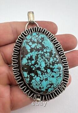 Vintage Navajo Sterling Silver Spiderweb Turquoise Stamped Pendant 3 3/8 -39.2g