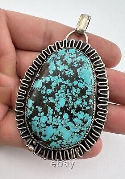 Vintage Navajo Sterling Silver Spiderweb Turquoise Stamped Pendant 3 3/8 -39.2g