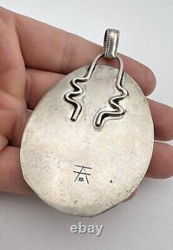 Vintage Navajo Sterling Silver Spiderweb Turquoise Stamped Pendant 3 3/8 -39.2g