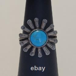 Vintage Navajo Sterling Silver Sunflower Blue Turquoise Split Shank Ring Size 6