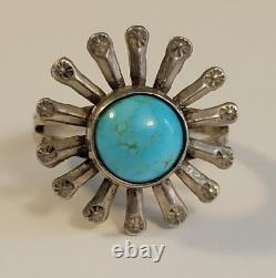 Vintage Navajo Sterling Silver Sunflower Blue Turquoise Split Shank Ring Size 6