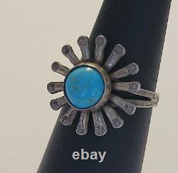 Vintage Navajo Sterling Silver Sunflower Blue Turquoise Split Shank Ring Size 6