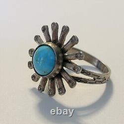 Vintage Navajo Sterling Silver Sunflower Blue Turquoise Split Shank Ring Size 6