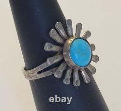 Vintage Navajo Sterling Silver Sunflower Blue Turquoise Split Shank Ring Size 6