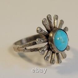 Vintage Navajo Sterling Silver Sunflower Blue Turquoise Split Shank Ring Size 6