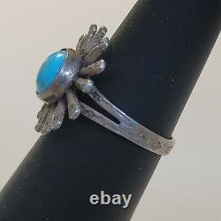 Vintage Navajo Sterling Silver Sunflower Blue Turquoise Split Shank Ring Size 6