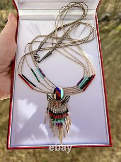 Vintage Navajo Sterling Silver Tuequoise Coral 925 Necklace Signed