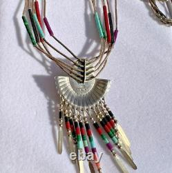 Vintage Navajo Sterling Silver Tuequoise Coral 925 Necklace Signed