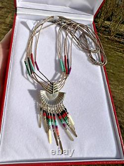 Vintage Navajo Sterling Silver Tuequoise Coral 925 Necklace Signed