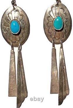 Vintage Navajo Sterling Silver Turquoise Bead Dangle Artisan Native Earrings