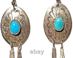 Vintage Navajo Sterling Silver Turquoise Bead Dangle Artisan Native Earrings