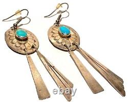 Vintage Navajo Sterling Silver Turquoise Bead Dangle Artisan Native Earrings