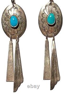 Vintage Navajo Sterling Silver Turquoise Bead Dangle Artisan Native Earrings