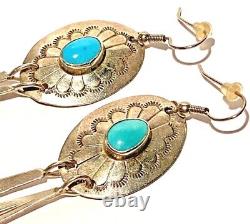 Vintage Navajo Sterling Silver Turquoise Bead Dangle Artisan Native Earrings