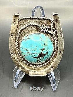 Vintage Navajo Sterling Silver Turquoise Belt Buckle 1970's Stamped GO