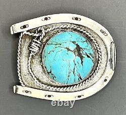 Vintage Navajo Sterling Silver Turquoise Belt Buckle 1970's Stamped GO