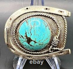 Vintage Navajo Sterling Silver Turquoise Belt Buckle 1970's Stamped GO