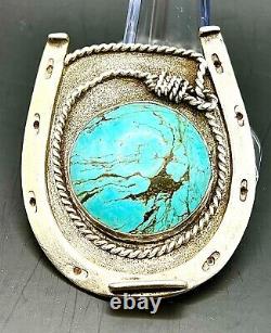 Vintage Navajo Sterling Silver Turquoise Belt Buckle 1970's Stamped GO