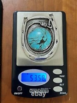 Vintage Navajo Sterling Silver Turquoise Belt Buckle 1970's Stamped GO