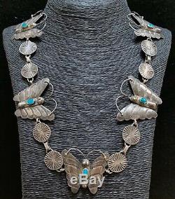 Vintage Navajo Sterling Silver Turquoise Butterfly Necklace 24 Inches
