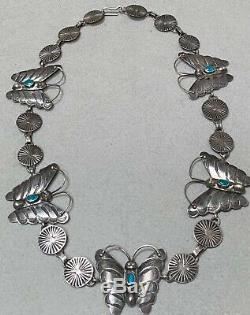 Vintage Navajo Sterling Silver Turquoise Butterfly Necklace 24 Inches