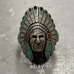 Vintage Navajo Sterling Silver Turquoise Chief Headdress Chunky Ring Size 11