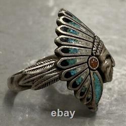 Vintage Navajo Sterling Silver Turquoise Chief Headdress Chunky Ring Size 11