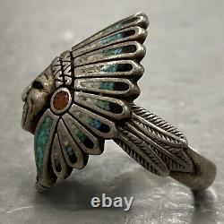 Vintage Navajo Sterling Silver Turquoise Chief Headdress Chunky Ring Size 11