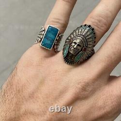 Vintage Navajo Sterling Silver Turquoise Chief Headdress Chunky Ring Size 11