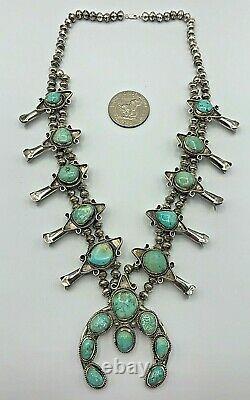 Vintage Navajo Sterling Silver & Turquoise Cluster SQUASH BLOSSOM Necklace 224g