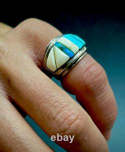 Vintage Navajo Sterling Silver Turquoise Cobblestone Cornrow Inlay Ring