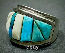 Vintage Navajo Sterling Silver Turquoise Cobblestone Cornrow Inlay Ring