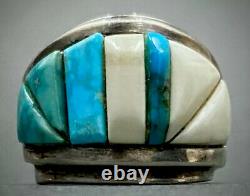 Vintage Navajo Sterling Silver Turquoise Cobblestone Cornrow Inlay Ring