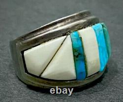 Vintage Navajo Sterling Silver Turquoise Cobblestone Cornrow Inlay Ring