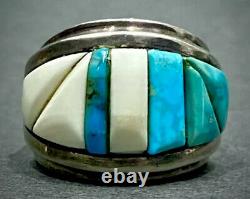 Vintage Navajo Sterling Silver Turquoise Cobblestone Cornrow Inlay Ring