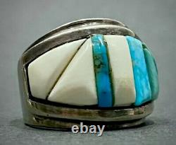 Vintage Navajo Sterling Silver Turquoise Cobblestone Cornrow Inlay Ring