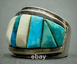 Vintage Navajo Sterling Silver Turquoise Cobblestone Cornrow Inlay Ring