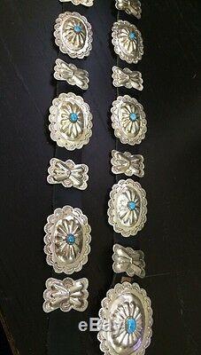 Vintage Navajo Sterling Silver Turquoise Concho Leather Belt By Benson Yazzie