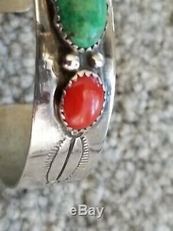 Vintage Navajo Sterling Silver Turquoise Coral Cuff Bracelet Signed