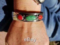Vintage Navajo Sterling Silver Turquoise Coral Cuff Bracelet Signed