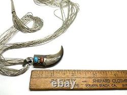 Vintage Navajo Sterling Silver Turquoise Coral Faux Bear Claw Pendant Necklace