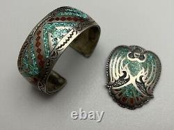 Vintage Navajo Sterling Silver Turquoise & Coral Inlaid Cuff Bracelet & Pendant