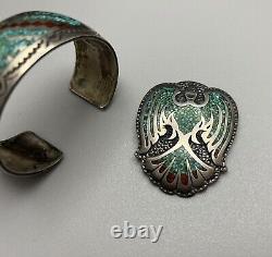 Vintage Navajo Sterling Silver Turquoise & Coral Inlaid Cuff Bracelet & Pendant